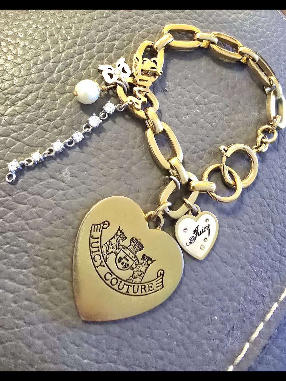 Juicy Couture Gold Heart Logo Charm Bracelet with Pearl & Crystal Drops
